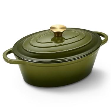 Imagem de Forno holandês oval para assar pão, panela de forno holandês de ferro fundido esmaltado antiaderente de 4,5 litros com tampa, caçarola oval segura para forno com tampa de até 260 °C para assar