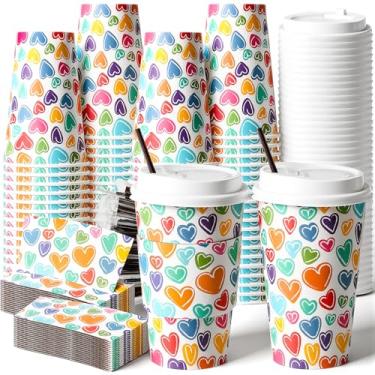 Imagem de Tanlade 50 conjuntos de copos de papel de café descartáveis para dia dos namorados com tampas e mangas, canudos de 473 ml para lembrancinhas de chá de cacau quente (fofo)