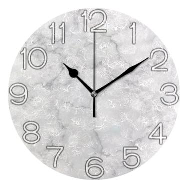 Imagem de GAIGEO Relógio de parede analógico decorativo quarto cozinha relógio moderno alimentado por bateria, decoração de parede de casa de fazenda moderna, textura branca cinza, 25 cm, ponteiros dourados