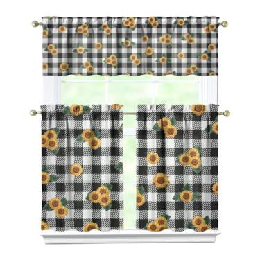 Imagem de Nojuikm Conjunto de 3 peças de cortinas e sanefas de cozinha xadrez de girassol engraçado para decoração de janela pequena cortinas sobre a pia para cozinha, quarto, lavanderia, decoração de casa 70 x