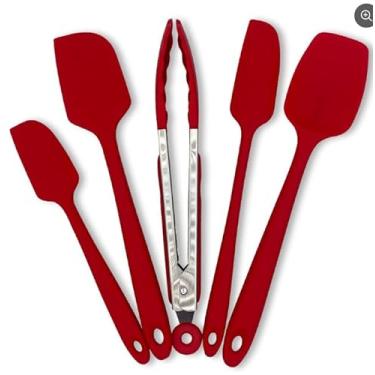 Imagem de Conjunto de Espátulas e Pegador em Silicone, 5 Peças, Vermelho, Aço Inox, 4 Espátulas e 1 Pegador