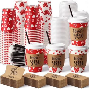 Imagem de Tanlade Conjunto de 100 xícaras de café descartáveis para o Dia dos Namorados com tampas e mangas, canudos, copos de papel coração de amor de 340 g para chá de cacau quente, bebida, artigos de festa