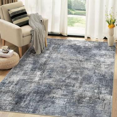 Imagem de TARANCH Tapete lavável 15 x 23 cm para sala de estar: tapete macio neutro abstrato moderno para quarto sala de jantar embaixo da mesa da cozinha, decoração de escritório em casa - cinza escuro/azul