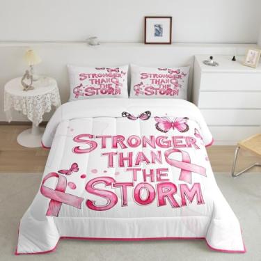 Imagem de Manfei Conjunto de edredom para mulheres, conscientização do câncer de mama, inspirador, presente de sobrevivente, decoração de casa, rosa, tamanho Queen, 3 peças com 2 fronhas