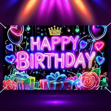 Imagem de BlissYard Banner neon de feliz aniversário que brilha no escuro 189 x 109 cm fundo de decoração de festa com balões corações presentes design de coroa de rosas para celebrações cenário de festa de