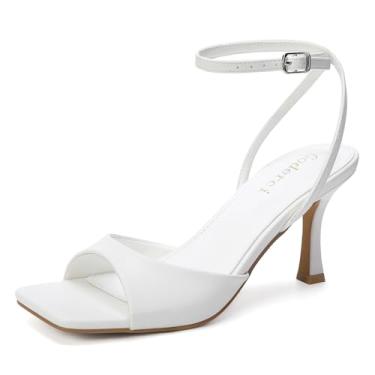 Imagem de Goderci Sapatos femininos de salto agulha Kitten com tiras quadradas, bico aberto, tira no tornozelo, fivela, salto agulha, Poliuretano branco, 38