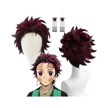 Imagem de Peruca De Cosplay Tanjiro Kamado Curta Castanho Acastanhado Resistente