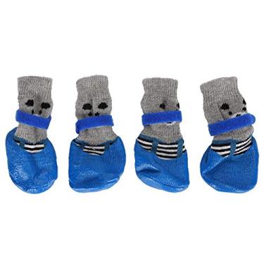 Imagem de CUOFYUNL 4 peças para cachorro de estimação interno anti sujeira fofos sapatos confortáveis ​​com laço de gancho azul (M)