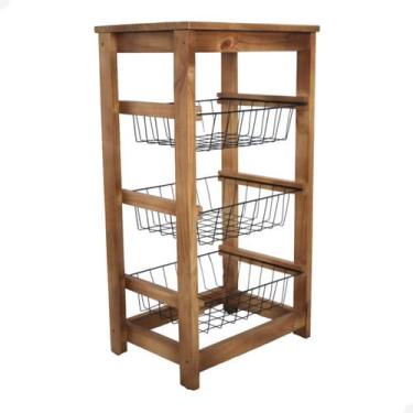 Imagem de Fruteira De Chão Pra Cozinha Com Tampo De Madeira 3 Cestos Multiuso Po