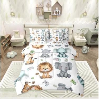 Imagem de Erosebridal Jogo de cama solteiro de animais com desenho animado, 7 peças, para quarto de bebê | Lindo leão, elefante, hipopótamo, tropical, palmeira, folhas, kawaii, zoológico, vida selvagem