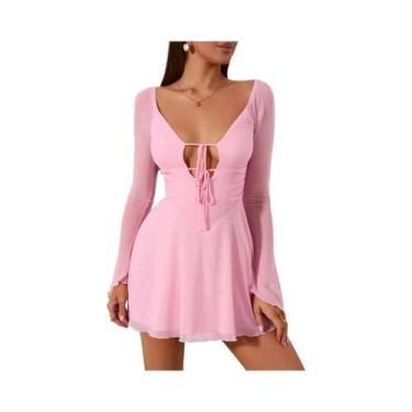 Imagem de Vestido Mini Feminino Slim Fit Sólido Com Bandagem, Manga Comprida, Va