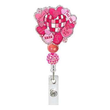 Imagem de Carretel de crachá de dia dos namorados rosa amor coração porta-crachá prata glitter corações acrílico carretéis crachá cartão de identificação feriado dia dos namorados clipe de crachá de jacaré
