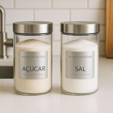 Imagem de Kit 2 Potes Herméticos de Vidro Transparente com Tampa de Inox, 1300ml, 10x20cm, Para Mantimentos Com Etiquetas Pratas de Açúcar e Sal, 2 Unidades