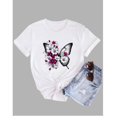 Imagem de Camiseta Tshirt Feminina Algodão Borboleta E Flores Branca - MB Sport,