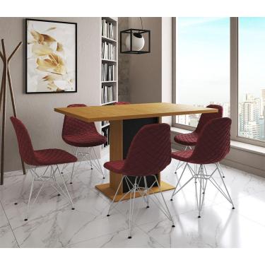Imagem de Mesa Jantar Londres Retangular Canela 137X90 Base Preta 6 Cadeiras Estofadas Vermelho Ferro Branco