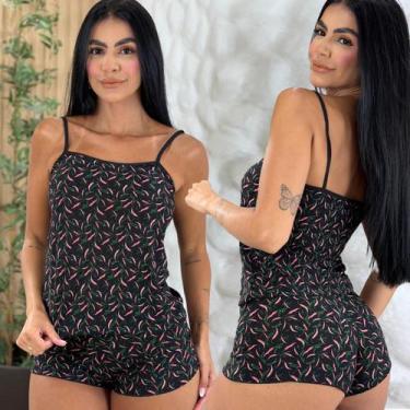 Imagem de Baby Doll Estampado De Malha Fria Shorts Curto Feminino Roupa De Dormi