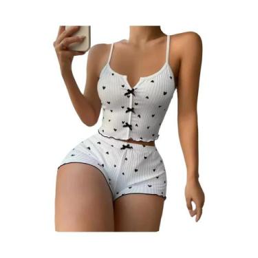 Imagem de Conjunto De Pijamas Femininos Com Estampa De Coração Em Tecido Macio C