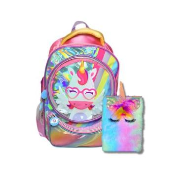 Imagem de Mochila Escolar de Costas Unicórnio + Caderno Pelúcia Fofa - Mormino