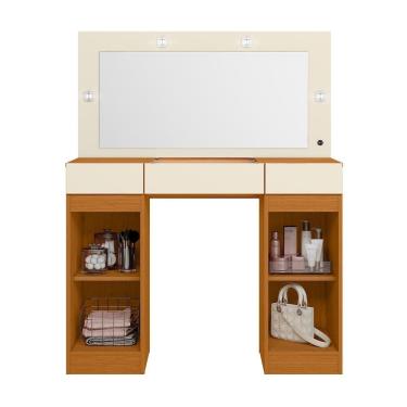 Imagem de Penteadeira Camarim Studio 3 Gavetas com Espelho e LED Tampo de Vidro MDF Cinamomo e Off White Palu Móveis