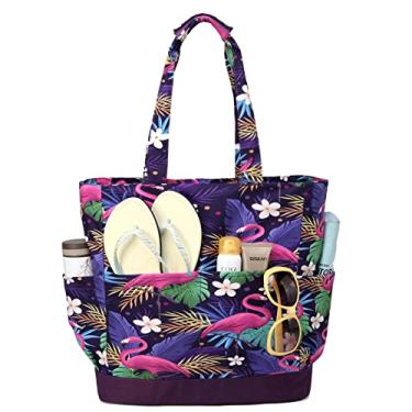 Imagem de Bolsa de Praia para Mulher, VASCHY Bolsas Tipo Sacola Grande Impermeável à prova de Areia Dobrável para Piscina com Zíper/Bolsos,Flamingo roxo