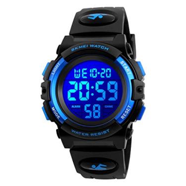 Imagem de Relógio infantil masculino multifuncional 50M LED impermeável com alarme de pulso cronômetro 12H/24H relógios para meninos e meninas relógio digital para crianças, Azul, S