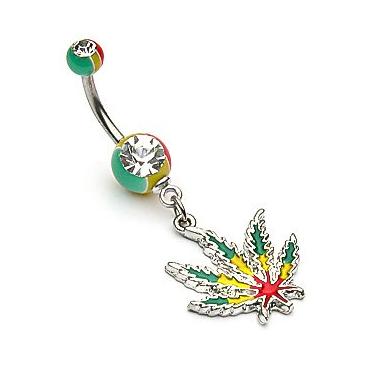 Imagem de Pierced Owl Jamaican Pot Leaf with Jamaican Gem Ball Ends Navel Belly Ring 14 g