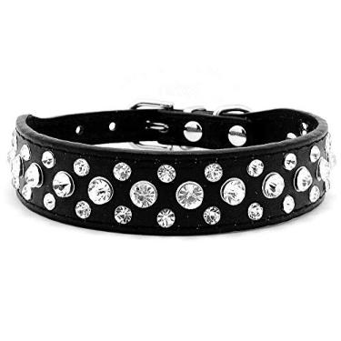Imagem de haoyueer Coleira de couro PU com strass brilhante diamante para animais de estimação cão gato filhote de cachorro preto P M G GG (preto, GG)