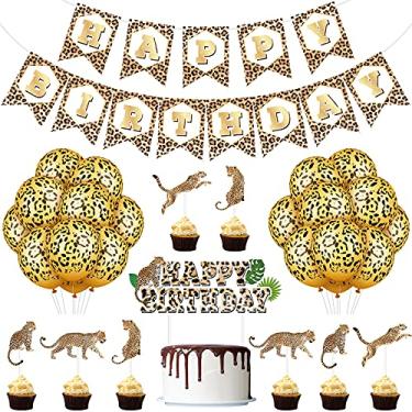 Imagem de Zomiboo 46 Pieces Cheetah Birthday Decorations Set Include Leopard Print Banner Cheetah Themed Balloons Cupcake Toppers for Baby Shower Birthday Party Supplies