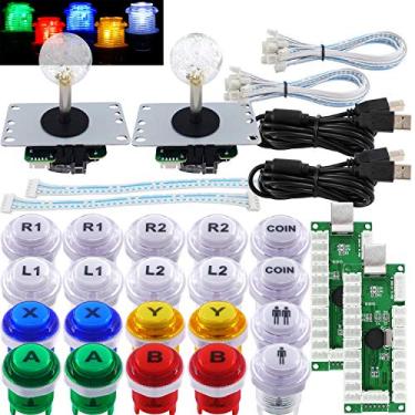 Imagem de SJ@JX Controle de jogo Arcade 2 Player Kit DIY Botões LED com logotipo MX Microswitch 8 Way Joystick USB Codificador Cabo para PC MAME Raspberry Pi Color Mix