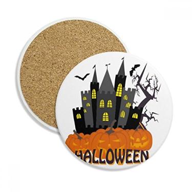 Imagem de Caneca de porta-copos Hallowmas assustador castelo à noite com proteção de mesa, pedra absorvente