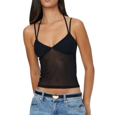 Imagem de Camiseta feminina Y2k de malha transparente justa com alças finas para sair em clubwear, 01 - 2 peças falsas pretas, P