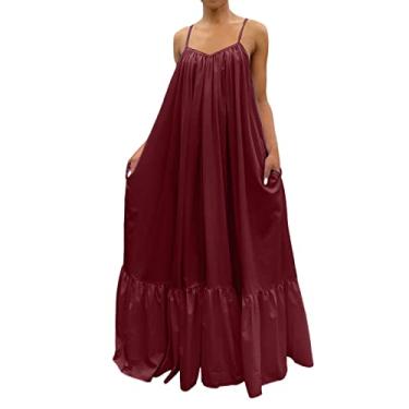 Imagem de Lainuyoah Vestidos rodados para mulheres 2024 plus size rodado praia boho vestidos de verão alças finas sem mangas 2024 vestidos em camadas, D-vermelho, 4G
