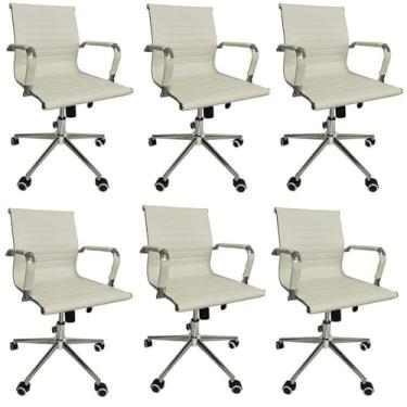 Imagem de Kit 6 Cadeiras Office com Rodízio e Encosto Esteirinha Baixa Branco