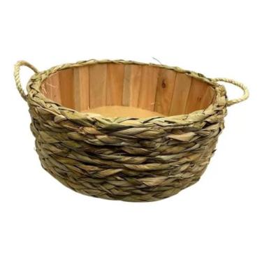 Imagem de Cesta Redonda Madeira Trançada C Taboa Alça Palha Ref 783 - FLORA FULL