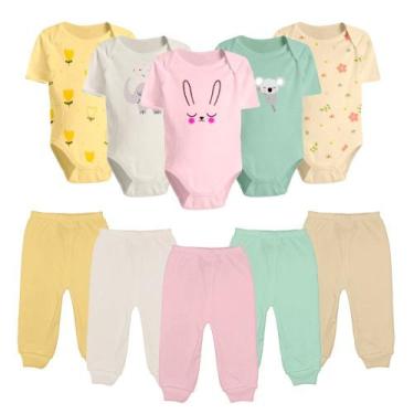 Imagem de Kit 10 Peças Bebê Body Manga Curta Estampado e Mijão Algodão - Koala B