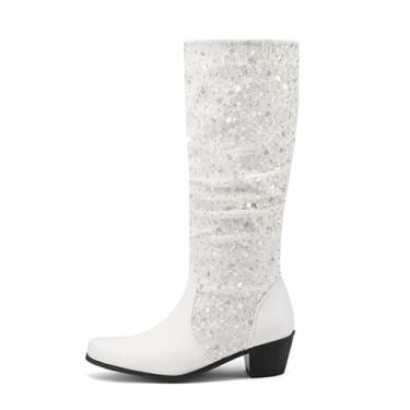 Imagem de Rock88 Botas femininas de lantejoulas, cano médio, cano médio, salto grosso, bico fino para shows, festas e festivais, branca, 41