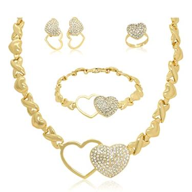 Imagem de XOXO Conjunto de colar de joias femininas banhado a ouro 18K noiva dama de honra moda strass joias de casamento colar brincos pulseira anel conjunto 4 peças, Strass