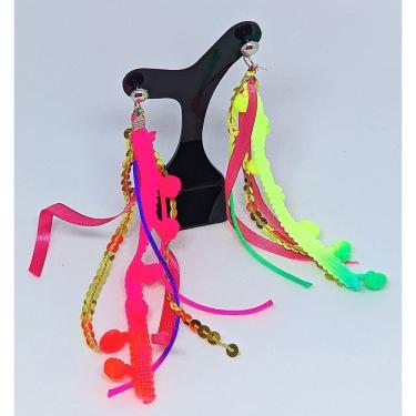 Imagem de Brinco Carnaval Bloquinho Par de Brincos Argola Aço Girassol Fitinhas Franjas Pompom Neon Festas Fios Lantejoula 2025