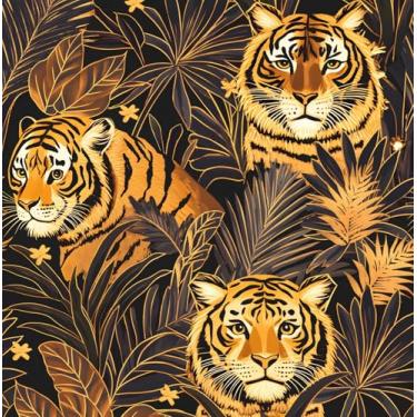 Imagem de BOKEBEVE Papel de parede preto e dourado tigre descasque e cole papel de parede folha selva papel de contato tropical para quarto, sala de estar, banheiro, locatário, amigável, removível 43 x 395 cm