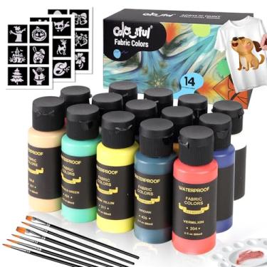 Imagem de Colorful Tinta de tecido permanente, tinta de tecido macio de 14 cores em frascos (60 ml) com pincéis, paleta, estênceis, tinta têxtil não tóxica para roupas criativas DIY, camisetas, sapatos e