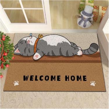 Imagem de Funny Cats Welocome Tapete de porta doméstico para interior e exterior, 45 × 75 cm/30 pol. x 17,5 pol, captura sujeira e antiderrapante, capacho durável e lavável para entrada (gato deitado)