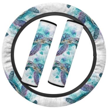 Imagem de SEANATIVE Conjunto de acessórios de carro de flanela tartaruga azul capa de volante de carro elástica fofa com 2 peças espessas e quentes capa de cinto de segurança interior de inverno, conjunto