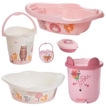 Imagem de KIT BANHEIRA DE BEBÊ DECORADA PLASUTIL BACIA LIXEIRA BALDE SABONETEIRA PORTA CHUPETA (Bichinho Rosa)