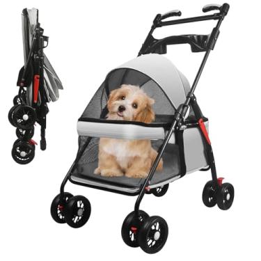 Imagem de OMDOCA Carrinho de passeio com gaiola dobrável para cães e gatos, com cesta de armazenamento e suporte de copo, 4 rodas para cães e gatos médios/pequenos, com suporte de copo (cinza-B)