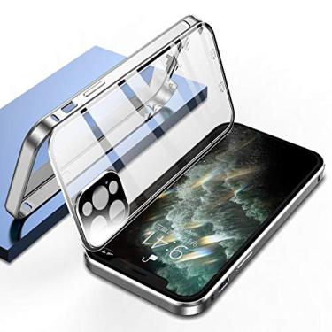 Imagem de Capa com trava de segurança para iPhone 14 Pro Max Bumper Case com protetor de lente de câmera, protetor de tela 360 armação de metal de corpo inteiro capa transparente vidro de dupla face (iPhone14ProMax, prata)