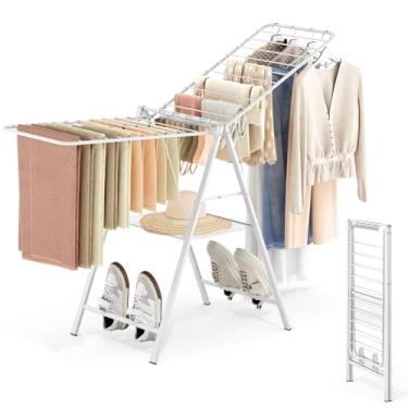 Imagem de APEXCHASER Escorredor de roupas dobrável, rack de secagem de roupas de metal dobrável, suporte compacto portátil para toalha de suéter interno e externo, altura ajustável, branco