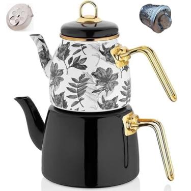 Imagem de Conjunto de bule de chá turco vintage, chaleira para fogão, fogão, infusor decorativo, copos de festa, floral, exclusivo, caldeira, Samovar, coador, folhas soltas, estilo cozinha, decoração esmaltada (branco-preto)