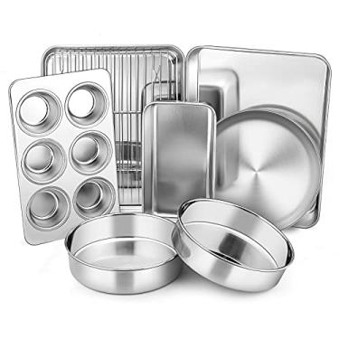 Imagem de Conjunto de utensílios para forno de torradeira, 8 peças E-far de aço inoxidável, inclui uma forma de bolo de 15,2 cm/assadeira retangular/assadeira de biscoito com rack/muffin/pão/pizza, não tóxico e pode ser lavado na lava-louças