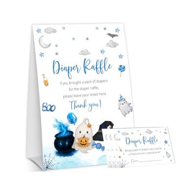 Imagem de OXRUN Halloween Baby Shower Games, Little Ghost Diaper Raffle Tickets for Spooky Gender Reveal Party Decorations, 1 Sign + 50 Guessing Cards - B01
