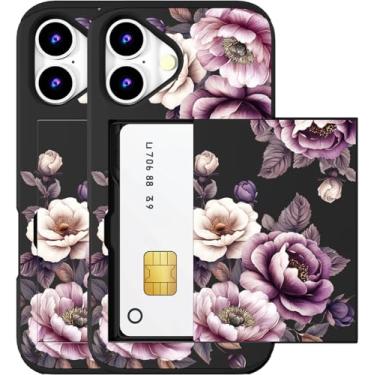 Imagem de MUQR Capa compatível com telefone 17 com porta-cartão fofo - design kawaii, proteção contra quedas de nível militar, capa carteira robusta para mulheres (flores rosas pretas e rosas)